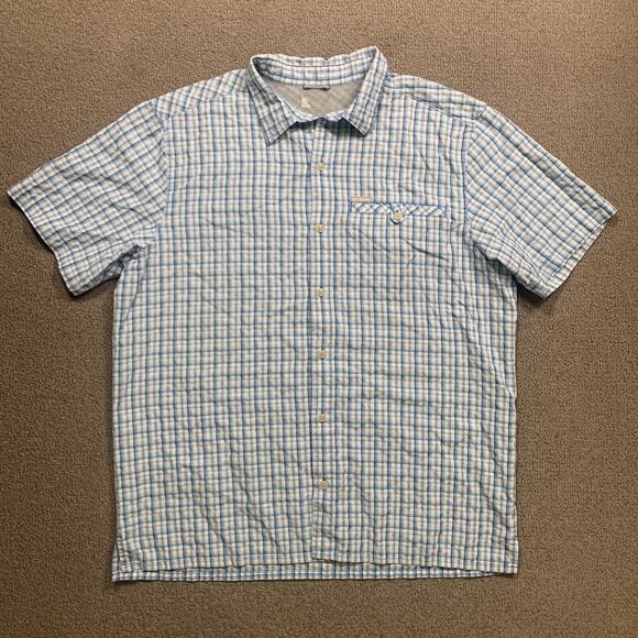 Columbia Shirt Men Large Blue White Gingham Short Sleeve Check Collar Button Up - Picture 1 of 12